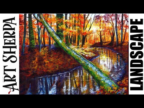 Autumn Forest Sunset Stream Fallen Tree Beginners Learn to paint Acrylic Tutorial Step by Step