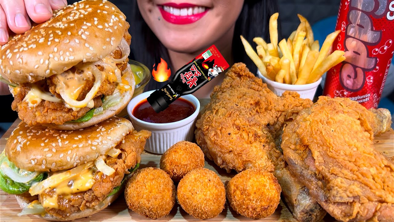 ASMR CHICKEN BURGER, FRIED CHICKEN, CHEESE BALLS, FRIES 먹방 MUKBANG MASSIVE Eating sounds