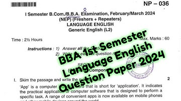 BBA 1st Semester Language English Question paper 2024//BBA 1st Semester English language PYQ 2024