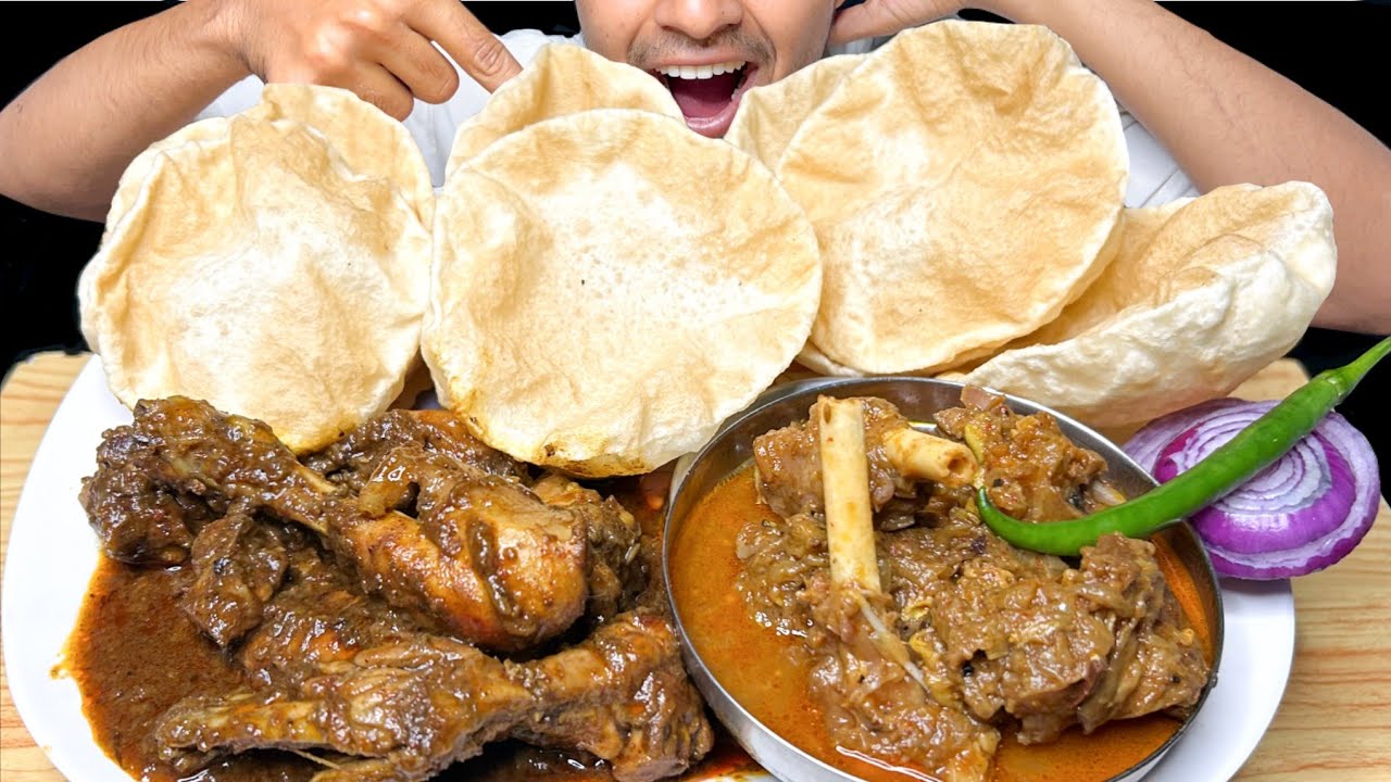 Eating Mutton Curry|| Chicken Bhuna Curry with Puri Eating So 