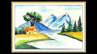How to draw easy mountain side village scenery drawingstep by step.