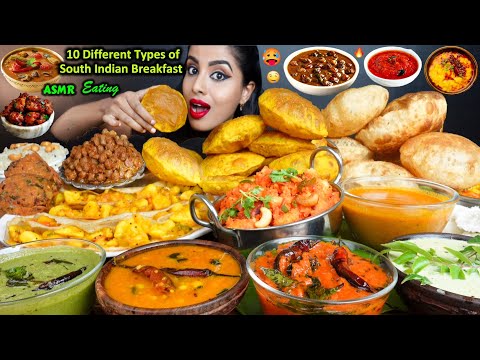 Eating Crispy Aloo Masala Dosa,Idli Vada,Chutney,Sambar,Poori South Indian Food ASMR Eating Video