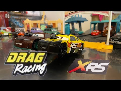 Disney Store Pixar Cars XRS Drag Racing Sheldon Shifter and Brian Spark