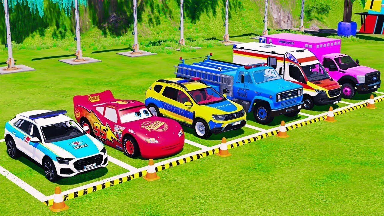 Flatbed Trailer McQueen Colors Transportation with Truck - Speedbumps vs Mcqueen - BeamNG.Drive #56