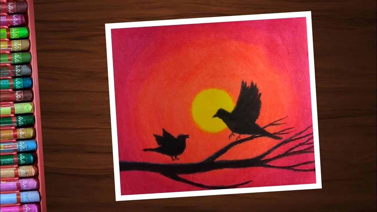 Birds 🐦 Chickabiddy sunset scenery oil pastel colours Drawing - step by  step for beginners - YouTube