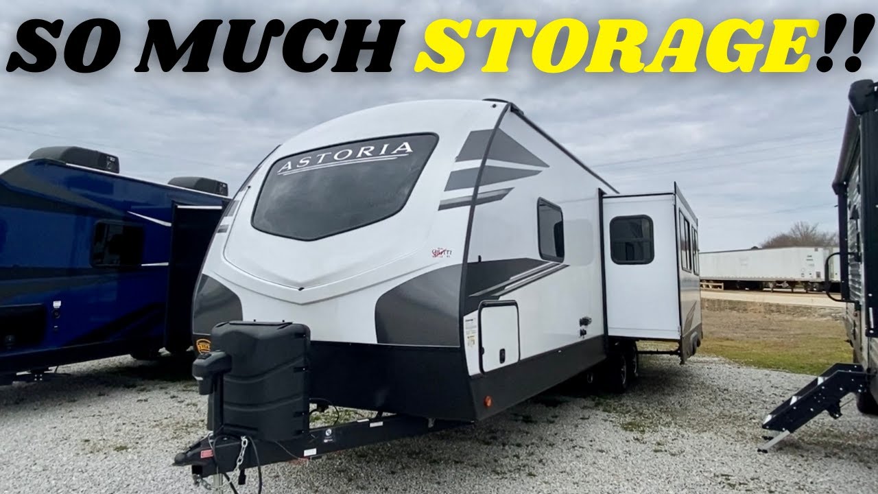 This NEW travel trailer is loaded with storage areas! 2021 Astoria top