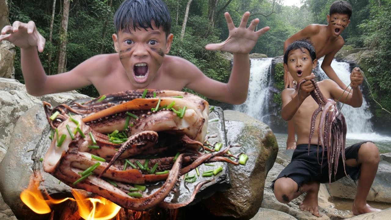Primitive Technology - Cooking Hand Octopus On The Rock In Rainforest