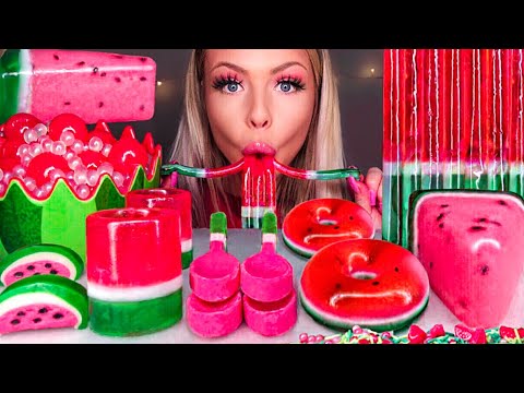 ASMR *WATERMELON DESSERTS* JELLY CAKE, EDIBLE SHOT GLASSES, SPOON, JELLY DONUT, BOBA MUKBANG 먹방