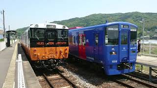 大村線 岩松駅 行き違い列車 １番のりば キハ６６+６７系ハウステンボスライナー色 区間快速シーサイドライナー  ２番のりば キハ２００系シーサイドライナー色 普通列車到着+発車
