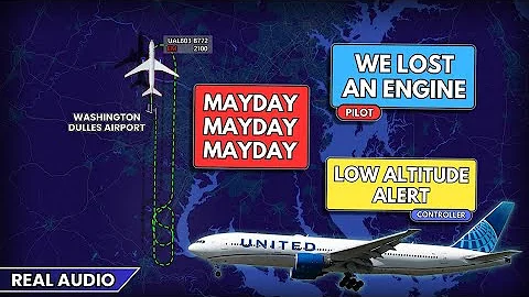 Airplane Loses Engine on takeoff. United Boeing 777 declares MAYDAY at Dulles Airport. Real ATC