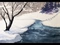 Зима Акварелью с интересной техникой! Winter Riverbank in watercolour