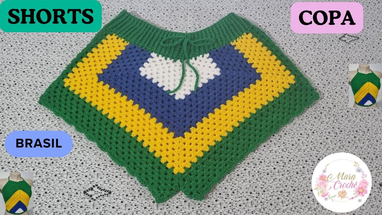 PASSO A PASSO  SHORTS FEITO DE CROCHÊ COM AS CORES DA NOSSA BANDEIRA..COPA DO MUNDO..💚💚💚💚