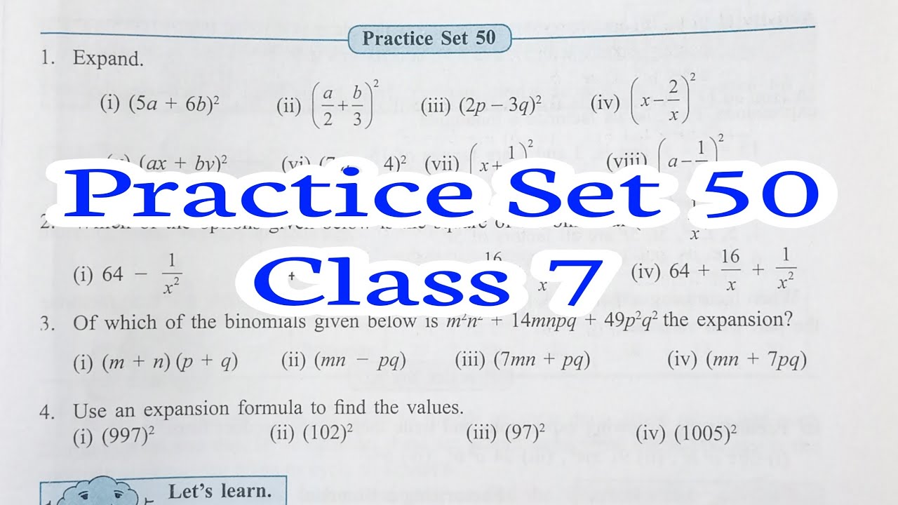 class 7th maths | practice set 50 || chapter 14 algebraic formulae ...