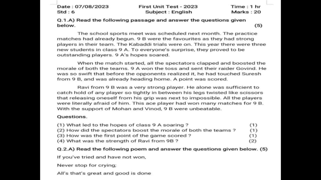 Class 6 English Question paper First Unit Test 2023 