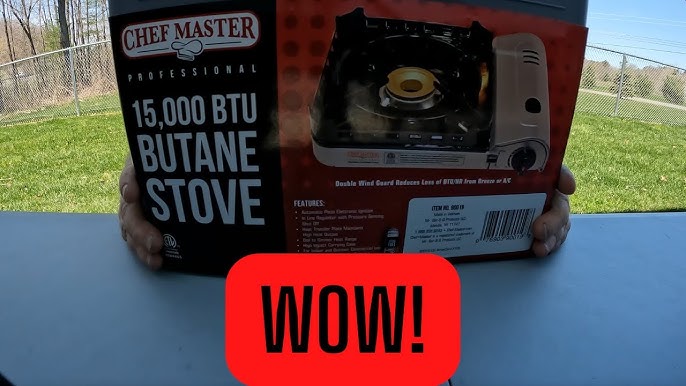 Chef Master 90019 Portable Stove Combination Pack, Includes 4 x 8 oz. Tins  of Butane Fuel | 15 000 BTU | Perfect for Emergency Cooking and Boiling