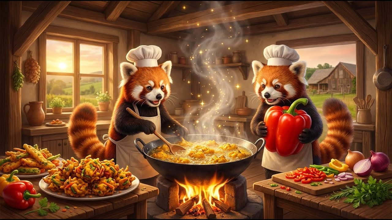 Sweet Red Pandas Cooking Crispy Vegetable Pakoras in a Peaceful Village Kitchen