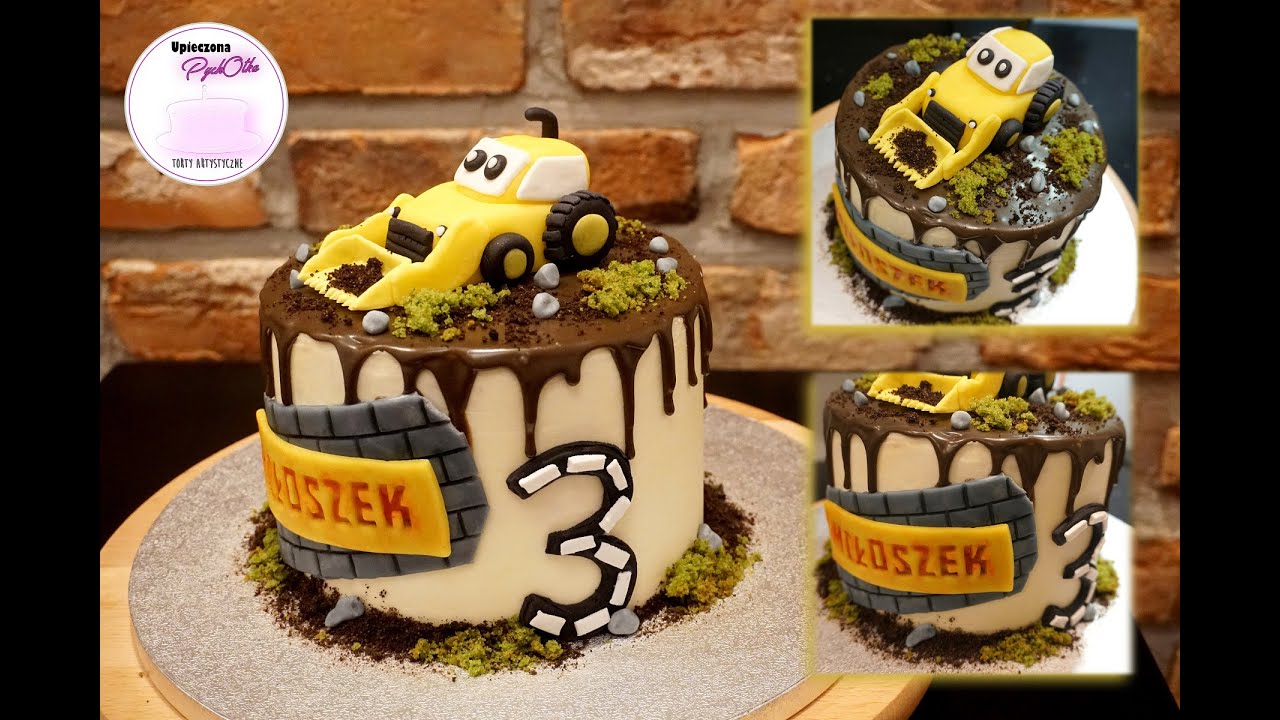 Tort z koparką dla chłopca 3 lata, drip cake z mlecznej czekolady