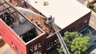 Drone view: Ladder truck fire response to Lexington business fire