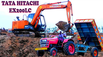 Yellow TATA HITACHI Excavator Vs. Mahindra YUVO 575 Tractor Soil Loading Video | Crazy JCB Tractor