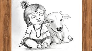 How to draw Cute Bala Krishna with Cow | Easy to draw pencil sketch for beginners screenshot 2