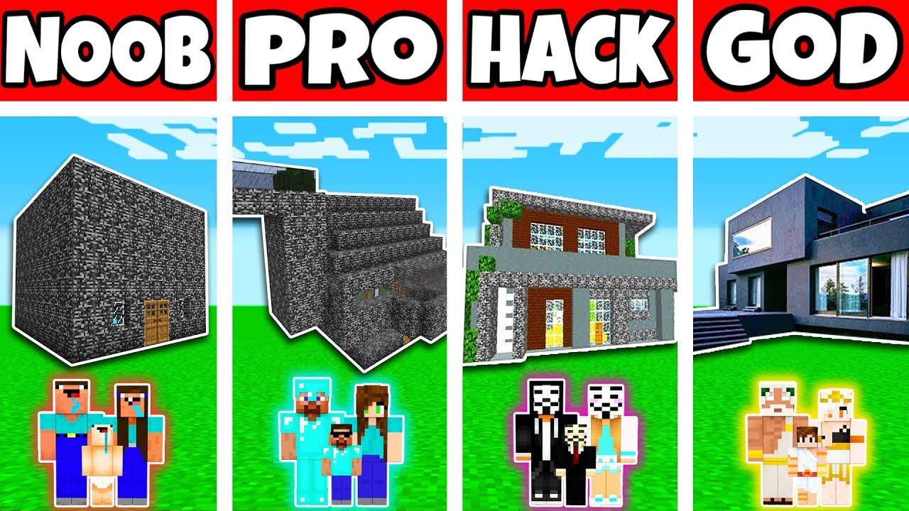 Minecraft: FAMILY BEDROCK HOUSE BUILD CHALLENGE - NOOB vs PRO vs HACKER vs GOD in Minecraft