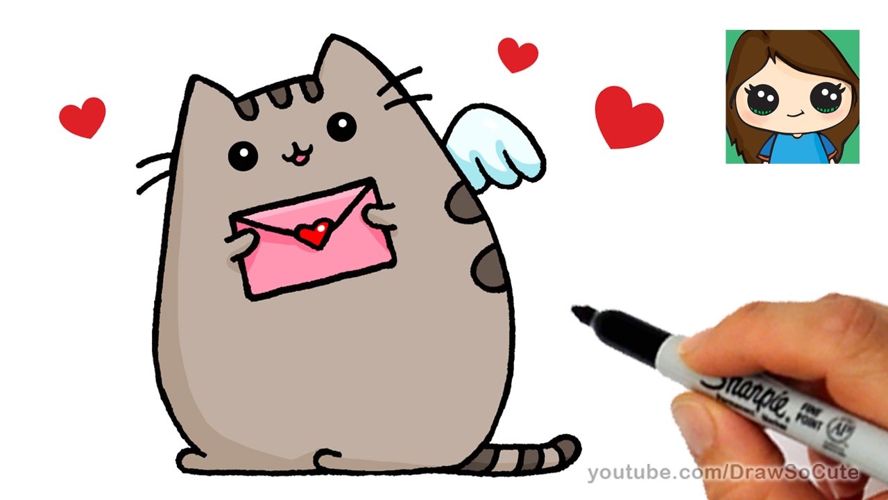 How to Draw Pusheen Cat Valentines Love Easy - YouTube