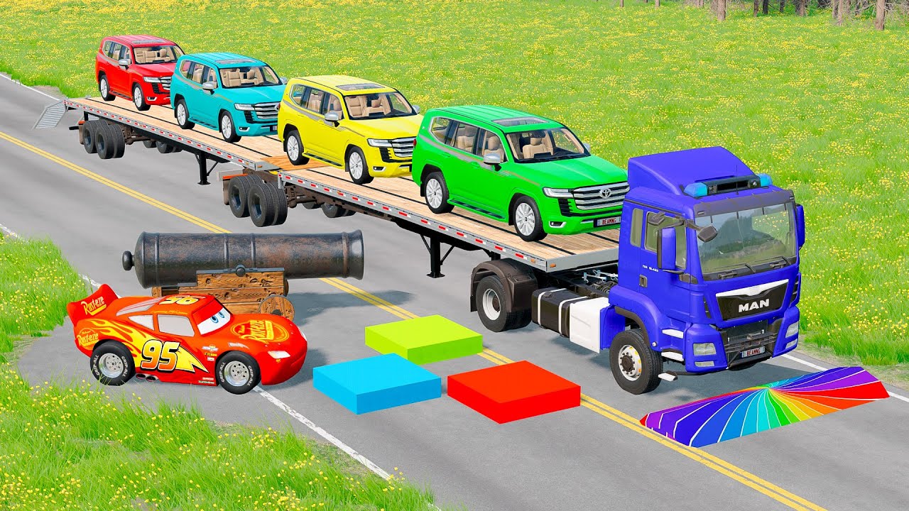 Flatbed Truck McQueen | Transportation with Truck - Pothole vs Car #09 BeamNG.Drive Gameplay McQueen