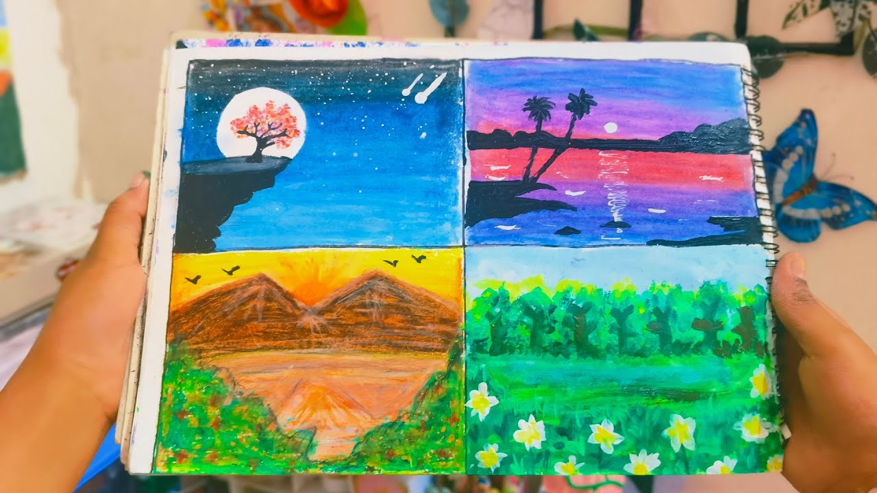 “4 Beautiful Scenery Drawing 🌄|Nature Painting Ideas | 🌇,NightSky🌆, Mountains🏔️🌿🎨”suhanictr