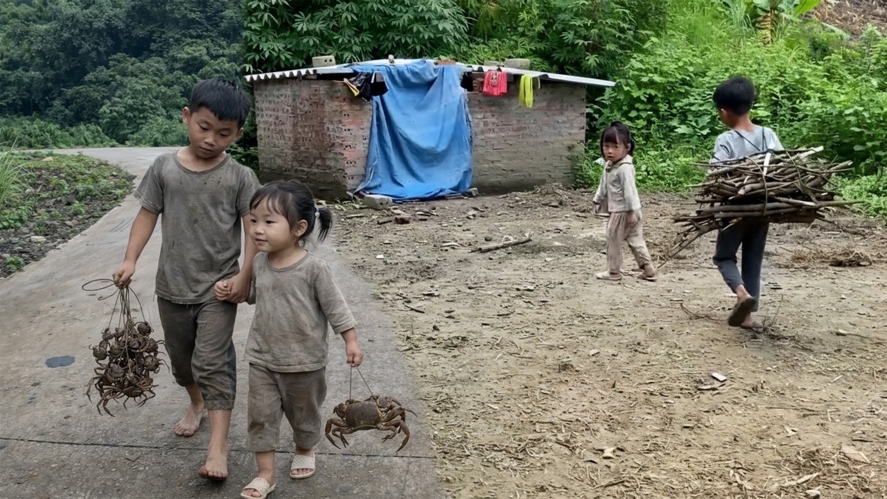Two Orphaned Children Went Into the Forest to Pick Wild Fruits and Catch Crabs to Trade for Food.