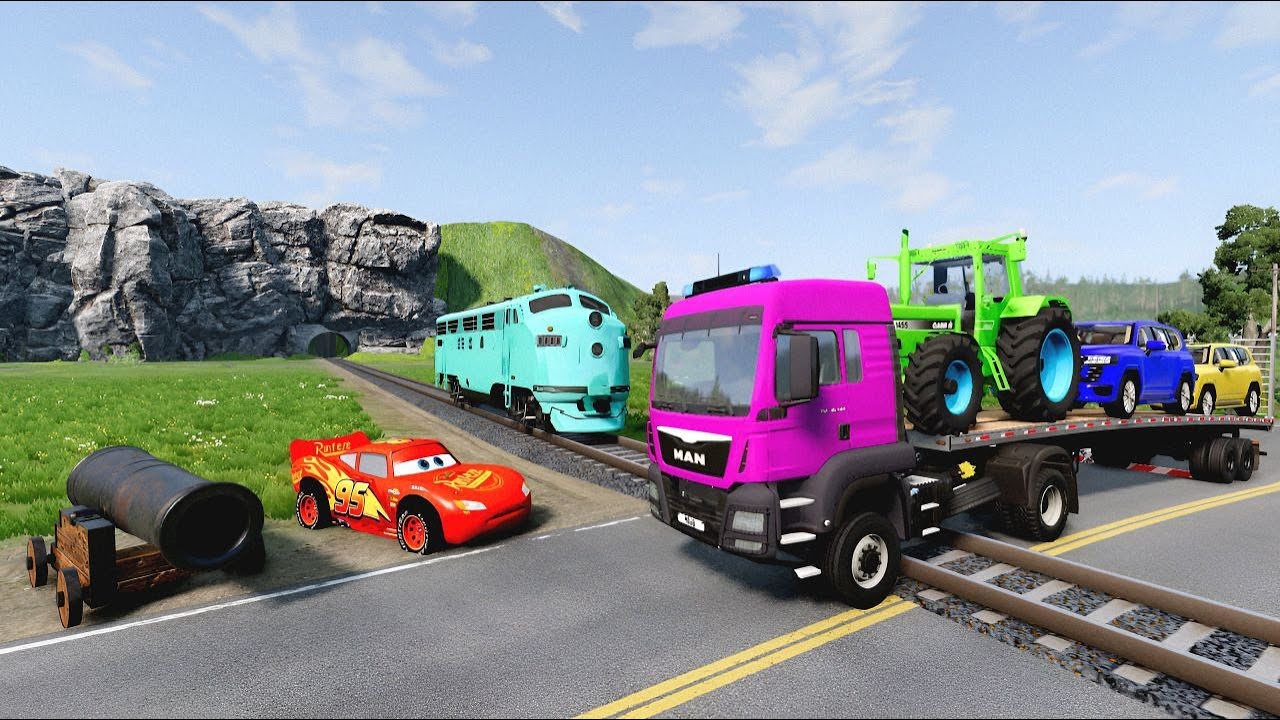 TRANSPORTING PIXAR CARS & FRUITS WITH COLORED & JOHN DEERE vs CLAAS vs TRACTORS - BeamNG.drive