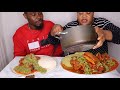 African Food Eating Competition | Fufu and okra stew with goat meat