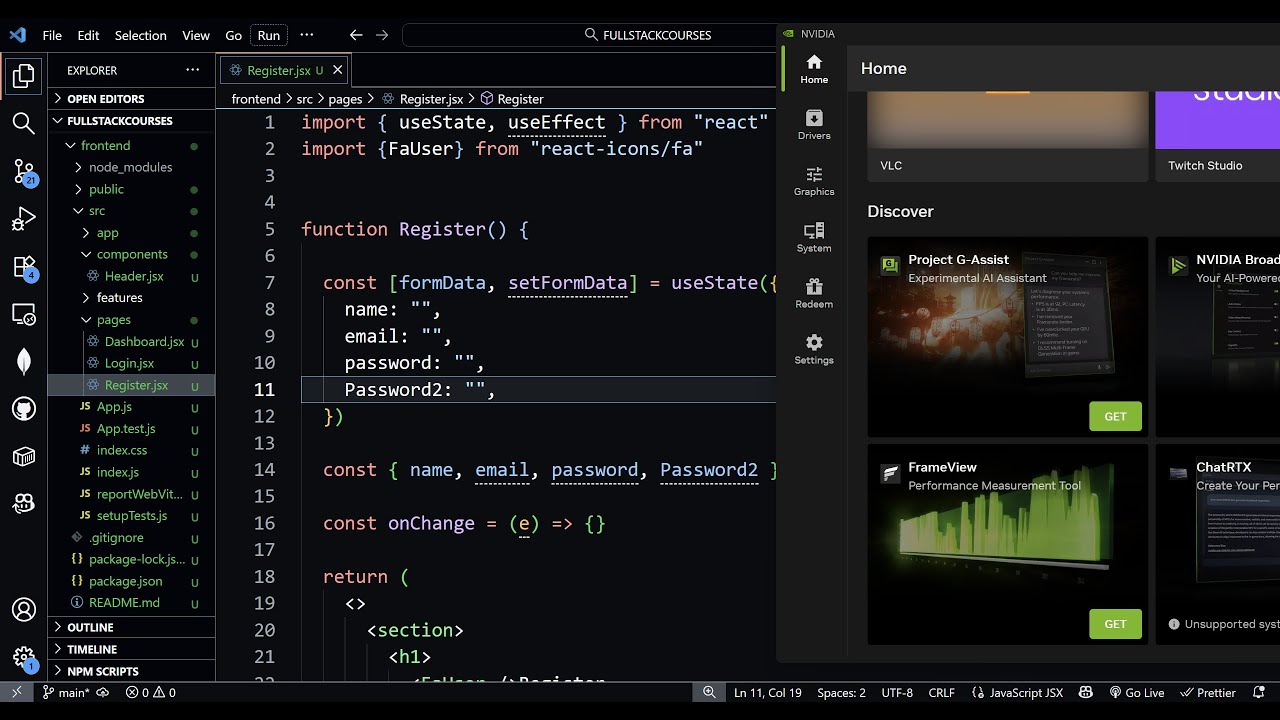 FormData UseState and UseEffect: JSX with Link to Register Route, React ...