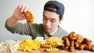 Tendies, Waffle Fries, Angry Mac & Cheese, and Coleslaw - MUKBANG