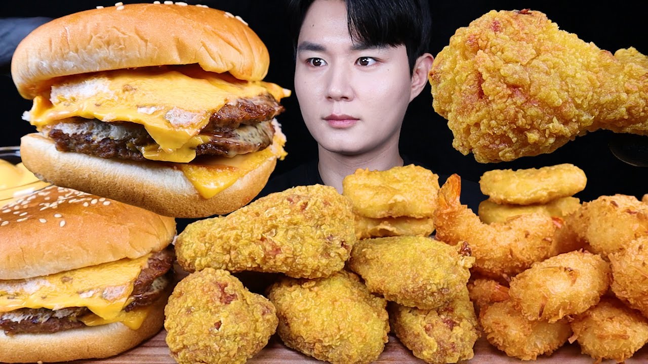 트리플 치즈버거 치즈볼 새우튀김 치킨 먹방ASMR MUKBANG TRIPLE CHEESEBURGERS & FRIED CHICKEN チキン チーズバーガー eating sounds