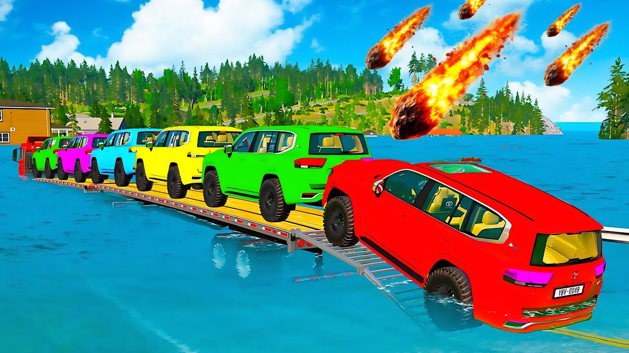 Triple Flatbed Trailer McQueen Transportation with Truck - Speedbumps vs Cars vs Train - BeamNG #24