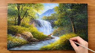 Acrylic Waterfall Painting Tutorial | Easy Landscape Step by Step | Relaxing Painting Video
