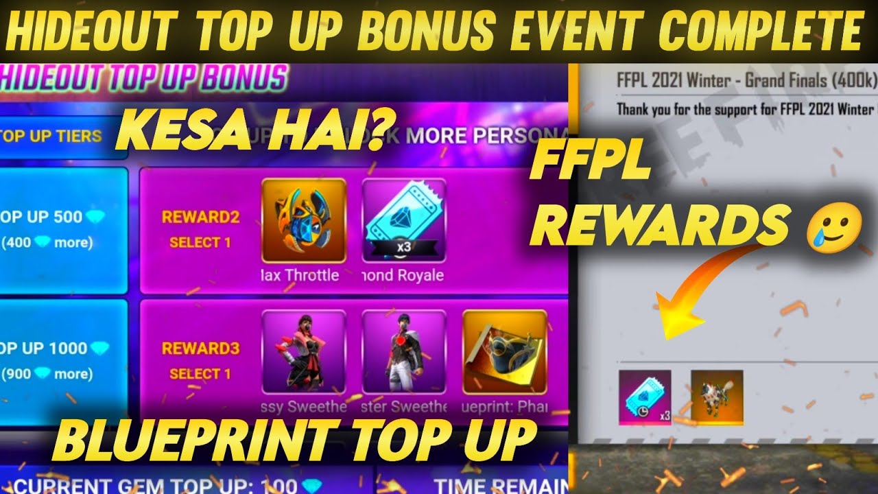 New Hideout Top Up Bonus Event 🤯Blueprint Top Up | FFPL Rewards |Kesa Hai? Lena Chaiye? Free Fire 🔥