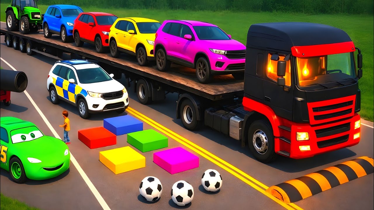 Double Flatbed Truck McQueen / Transportation with Truck / Pothole vs 14Car 57 / Mao Drive BeamNG