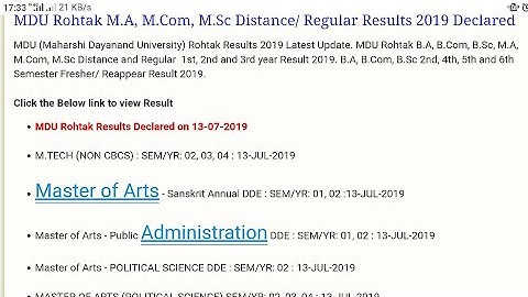 MDU Rohtak M.A, M.Com, M.Sc Distance/ Regular Results 2019 Declared