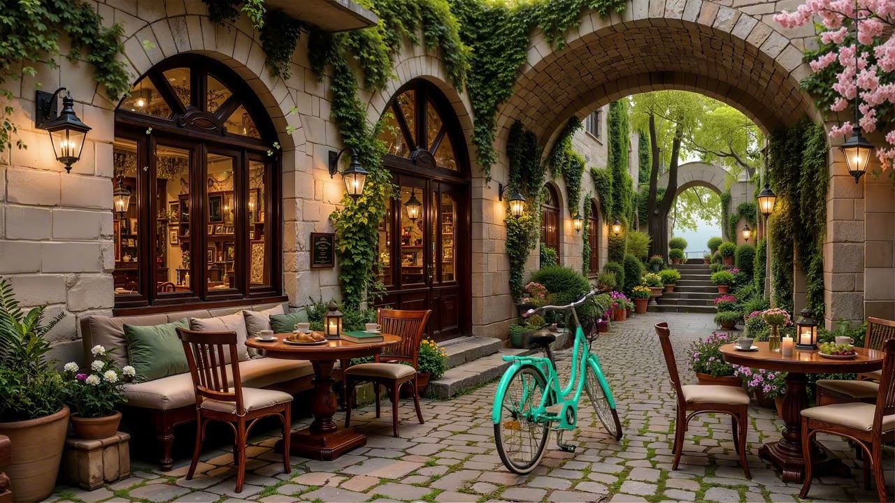 Cozy February Spring Morning Jazz by a Garden Riverside Coffee Shop Ambience for Relaxing