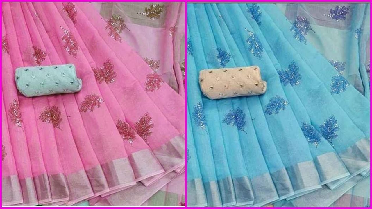 new arrival linen cotton sarees with embroidery work and blouse | linen cotton sarees with price