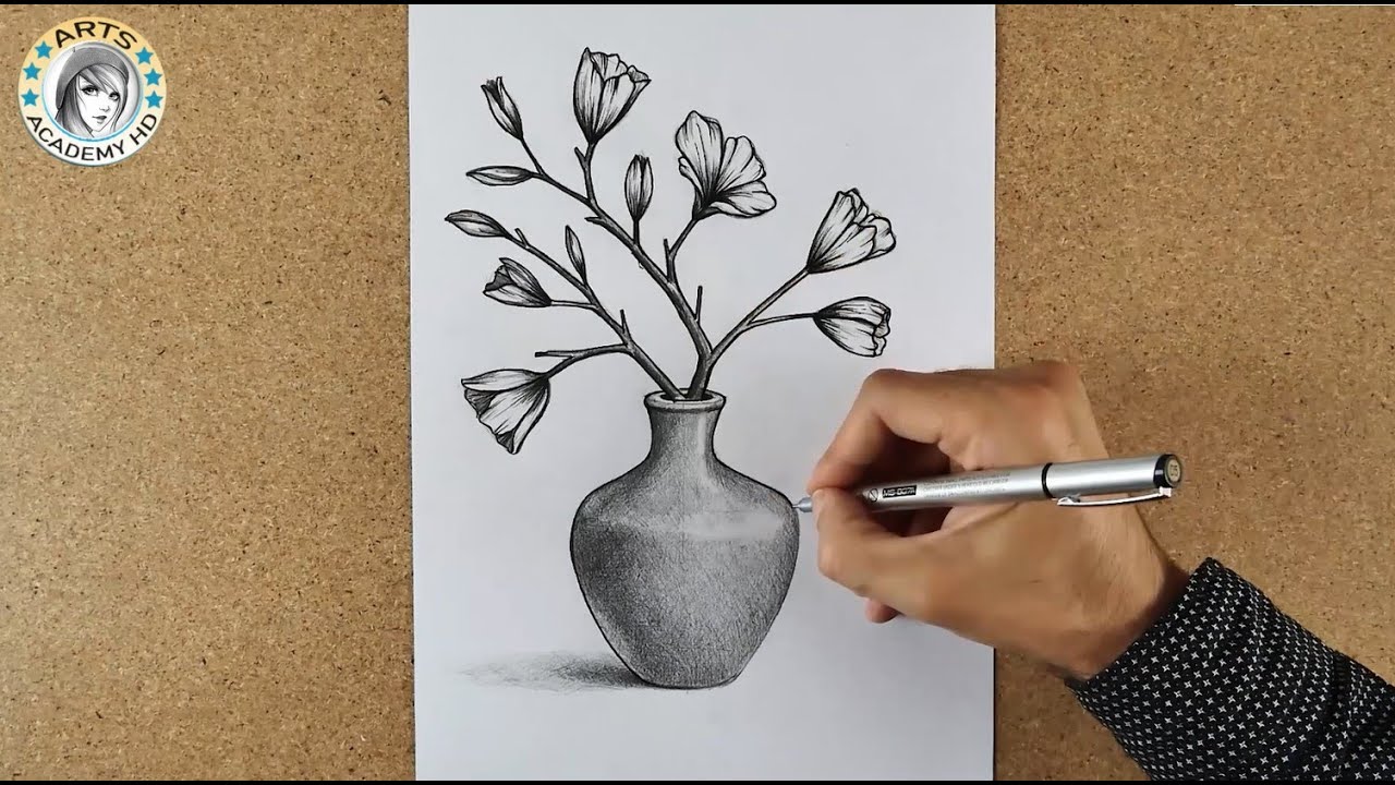 drawing of a vase with flowers