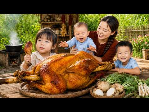 單親媽媽採收大量新鮮豆薯，烹飪土雞美食，為三個孩子準備營養晚餐。