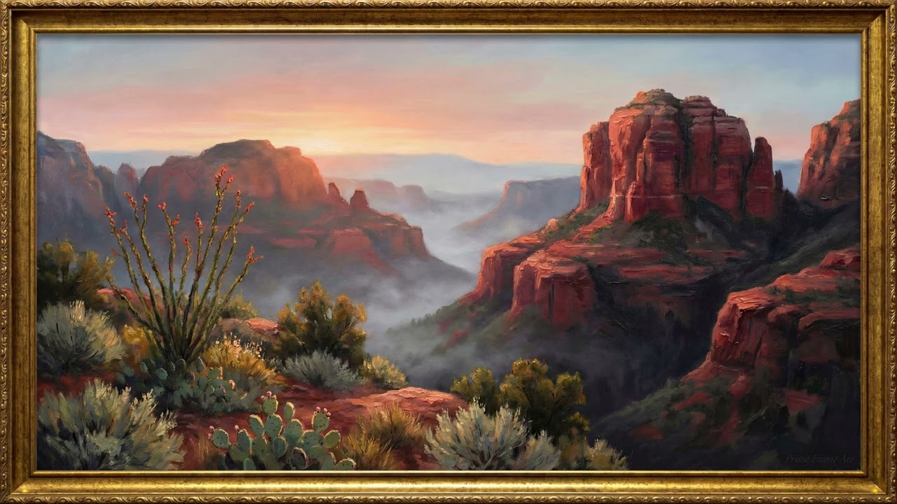 Classic Sedona Desert Dawn Oil Painting | Gold Frame TV Art | Art Screensaver for TV 1 Scene - 2 Hrs
