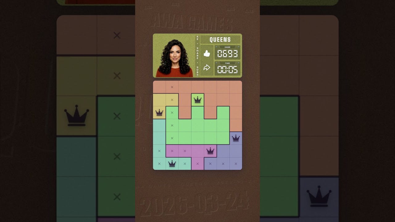 LinkedIn Queens #693 solved board for March 24, 2026, 7x7 grid