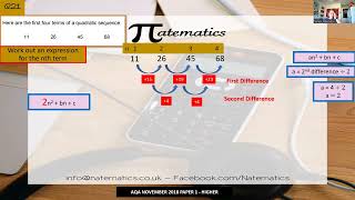 GCSE Maths Higher Level Revision  - Quadratic Sequences Example
