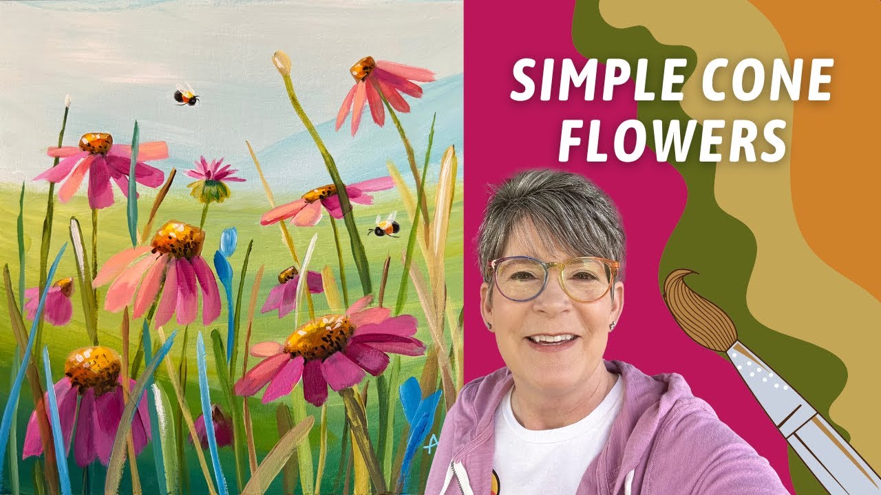 Painting Simple Coneflowers & Bees with Acrylic Paint | Flat Brush FUN!  By: Annie Troe
