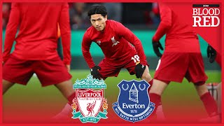 Takumi minamino warms up before making his liverpool debut in their fa
cup third-round tie at home to merseyside rivals everton. produced by
kai delaney & sa...