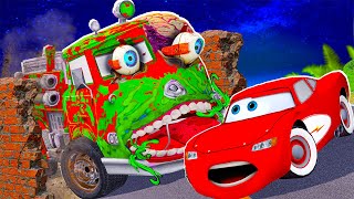 Lightning RETRO McQueen and MATER vs FIRE TRUCK ZOMBIE PART12 cars Zombie apocalypse in BeamNG.drive