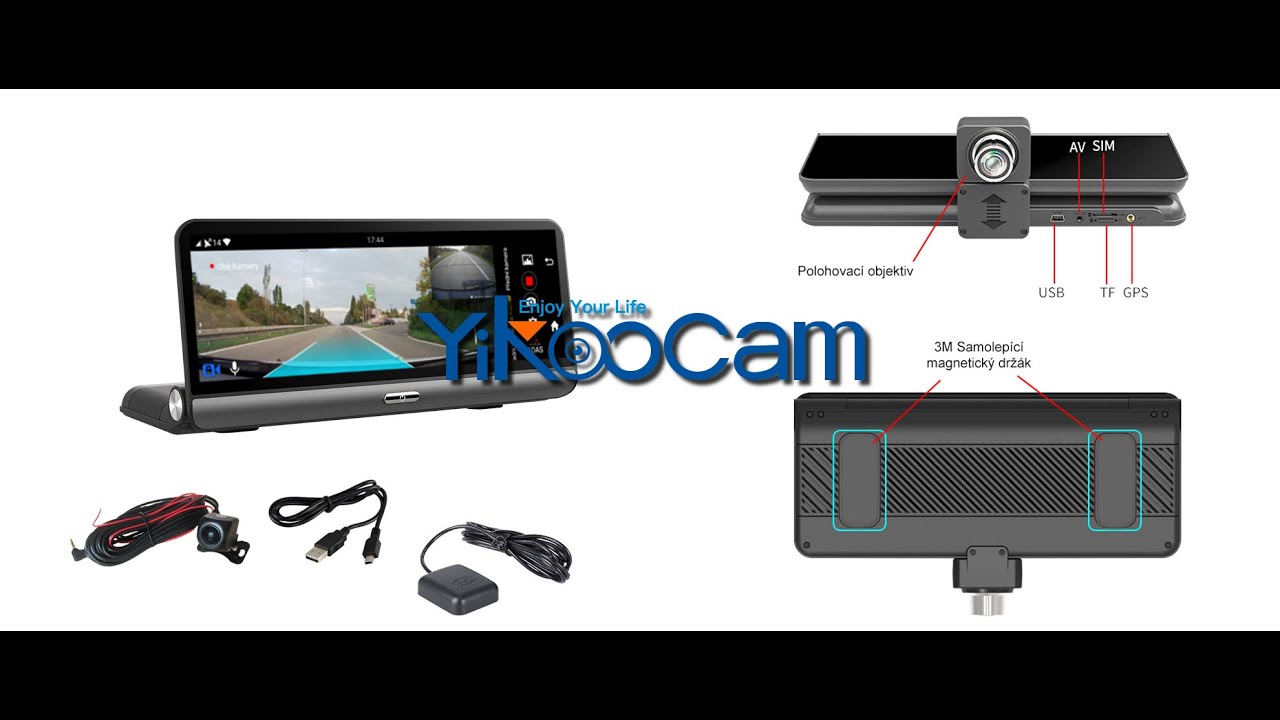 Palubní kamera Yikoo P03 - Android 8.1, navigace, asistenční systém ADAS, vzdálený přístup CarAssist